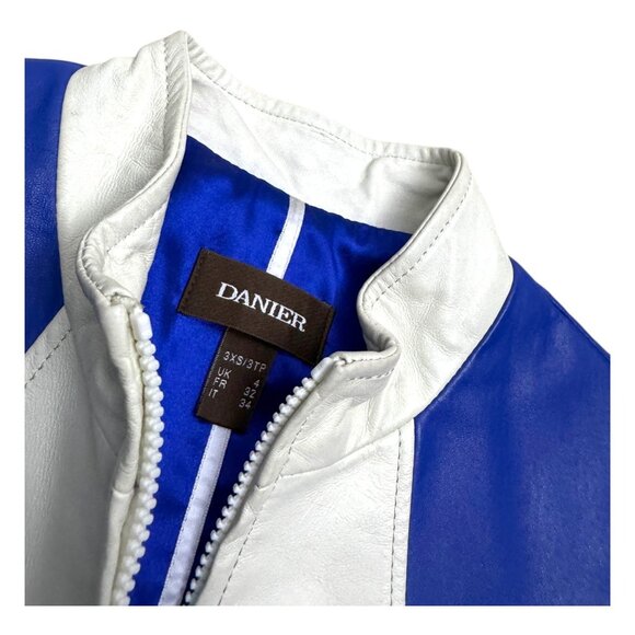 DANIER LEATHER Blue Luxury Designer Casual Motorcycle Bomber Jacket Womens 3XS - Picture 2 of 7